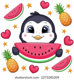 Cute cartoon penguin holding a watermelon. Summer animal vector illustration with fruits, hearts and stars.