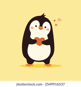 Cute cartoon Penguin hugs the heart in his hands, wild animal baby penguin. Symbol of valentine's day. Wild nature little penguin vector illustration isolated on yellow background.