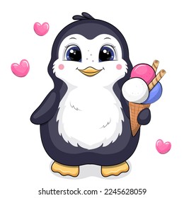 Cute cartoon penguin with ice cream. Vector illustration of an animal on a white background with a heart.