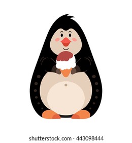 Cute cartoon penguin with ice cream. Domestic animal isolated on white background for print. Vector illustration.
