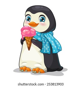 cute cartoon penguin with ice-cream, isolate vector illustration