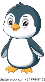 Cute cartoon penguin illustration. perfect for children books, greeting cards, and winter themed designs. Smiling with big eyes and orange feet. Vector illustration