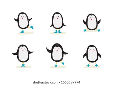 Cute cartoon penguin isolated drawing set. Little Arctic animal in funny poses standing, waving, running and doing splits, winter greeting card element - flat hand drawn vector illustration