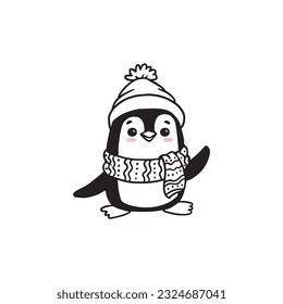 Cute cartoon penguin isolated on white. Doodle illustration for kids or babies t-shirt design, room decoration, Christmas cards. Vector 