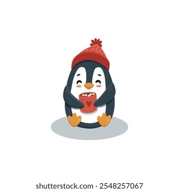 Cute cartoon penguin isolated on white. Flat illustration of penguin in hat for kids or babies t-shirt design, room decoration, Christmas cards. Funny penguin with cup. Vector 