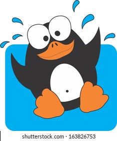 A cute cartoon penguin jumping into the water