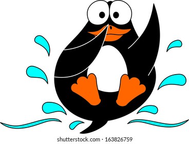 A cute cartoon penguin jumping into the water