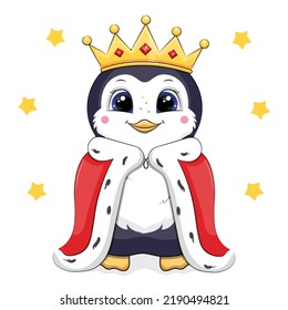 Cute cartoon penguin king with crown and royal robe. Vector animal illustration on white background with stars.