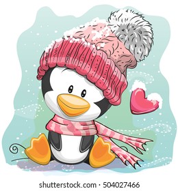 Cute Cartoon Penguin in a knitted cap sits on a snow