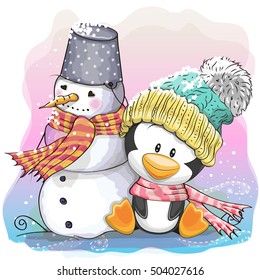 Cute Cartoon Penguin in a knitted cap and snowman