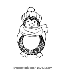 Cute cartoon penguin in a knitted hat and scarf. Winter illustration for design on the theme of Christmas and New year. Hand-drawn black and white art line in vector. Kids coloring page. Doodle