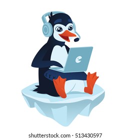 Cute cartoon penguin with a laptop playing video games and sitting on an ice floe. Vector illustration of cute penguin gamer with his laptop on a pillow in flat cartoon style on a white background.