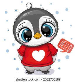 Cute Cartoon Penguin with large eyes in a red scarf