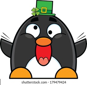 Cute cartoon penguin laughing and dancing for St. Patrick's Day.