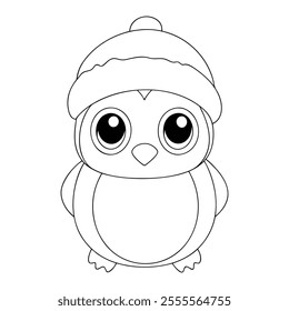 Cute Cartoon Penguin Line Art Illustration with Winter Hat.