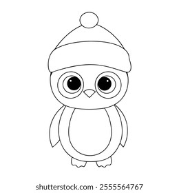 Cute Cartoon Penguin Line Art Illustration with Winter Hat.
