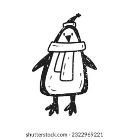 Cute cartoon penguin in linocut style. Black and white New Year's Eve character with scarf and hat.