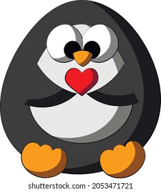 Cute cartoon Penguin with little heart. Draw illustration in color