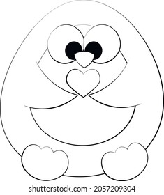 Cute cartoon Penguin with little heart. Draw illustration in black and white