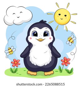 Cute cartoon penguin in nature. Vector illustration of an animal with flowers and bees on a blue background with cloud and sun.