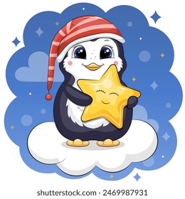 Cute cartoon penguin in nightcap is holding a yellow star and standing on a cloud. Night vector illustration on a blue background.