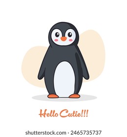 Cute cartoon penguin on a abstract background and standing on iceberg. Vector illustration with text Hello Cutie.