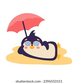 Cute cartoon penguin on the beach. Vector illustration.