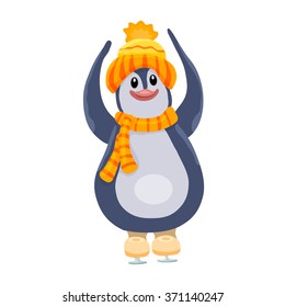 Cute cartoon penguin on skates, with scarf, in winter hat. Vector illustration of penguin skater. Good for greeting cards, banners, posters, t-shirts. Winter activity. Penguin sportsman.