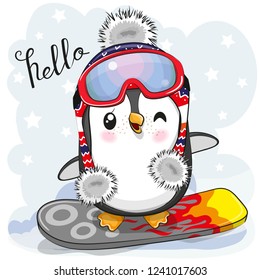 Cute Cartoon Penguin On A Snowboard On A Blue Background