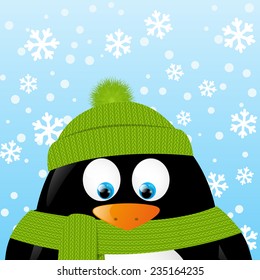 Cute cartoon penguin on winter background