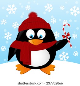 Cute cartoon penguin on winter background