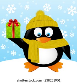 Cute cartoon penguin on winter background