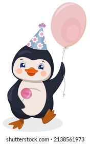 A cute cartoon penguin in a party hat carries a balloon.