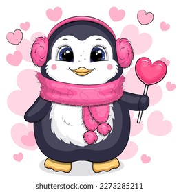 A cute cartoon penguin with pink fur headphones and a scarf is holding a heart-shaped lollipop. Vector illustration of an animal on a white background with pink hearts.