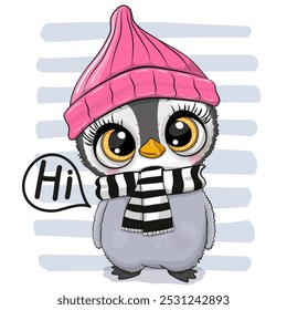 Cute Cartoon Penguin in pink hat and scarf on a striped background