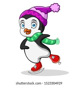 Cute cartoon penguin is playing roller skates in the snow. isolated on white background 