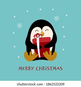 Cute cartoon penguin with present box. Christmas greeting card. Vector illustration.