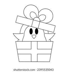 Cute cartoon Penguin in present box in black and white