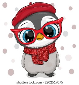 Cute Cartoon Penguin in red beret with red glasses on a dots background