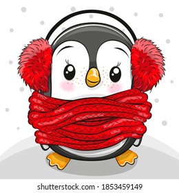 Cute Cartoon Penguin in red fur headphones and scarf