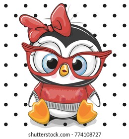 Cute Cartoon Penguin with red glasses on a dots background