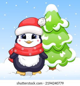 A cute cartoon penguin in a red hat and scarf stands next to the fir tree. Winter vector illustration of an animal on a blue background with snow.