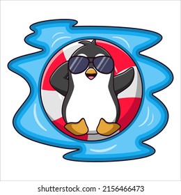 Cute Cartoon penguin relaxing on the inflatable ring, Cartoon penguin in summer holiday, vector cartoon illustration