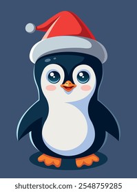 Cute cartoon penguin in a Santa Claus hat. Symbol of New Year and Christmas. Children's flat vector illustration isolated on background