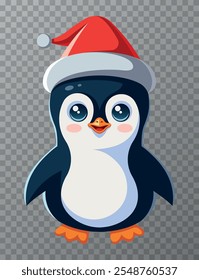 Cute cartoon penguin in a Santa Claus hat. Symbol of New Year and Christmas. Children's flat vector illustration isolated on transparent background