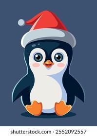 Cute cartoon penguin in a Santa Claus hat. Symbol of New Year and Christmas. Children's flat vector illustration isolated on background