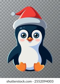 Cute cartoon penguin in a Santa Claus hat. Symbol of New Year and Christmas. Children's flat vector illustration isolated on transparent background