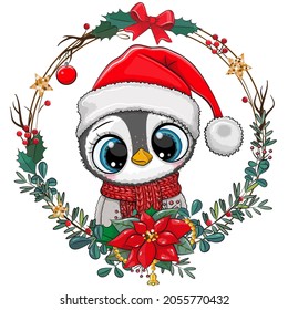 Cute Cartoon Penguin in Santa hat on a white background