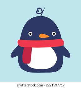 Cute cartoon penguin with a scarf. Funny penguin character. Winter design element. Children's illustration, print