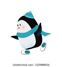 Cute cartoon penguin in scarf and hat enjoying skating. Outdoor activity concept. Vector illustration can be used for topics like hobby, Christmas vacation, winter sport